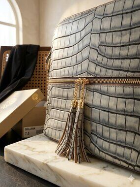 AINIFEEL Grey Bluish Croc Embossed Leather Double-Tassel Crossbody NWOT